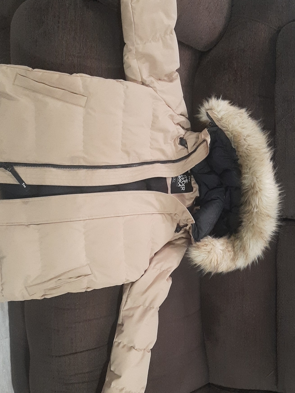 TNA Women's Tan Puffer Jacket with Faux Fur Trim Hood